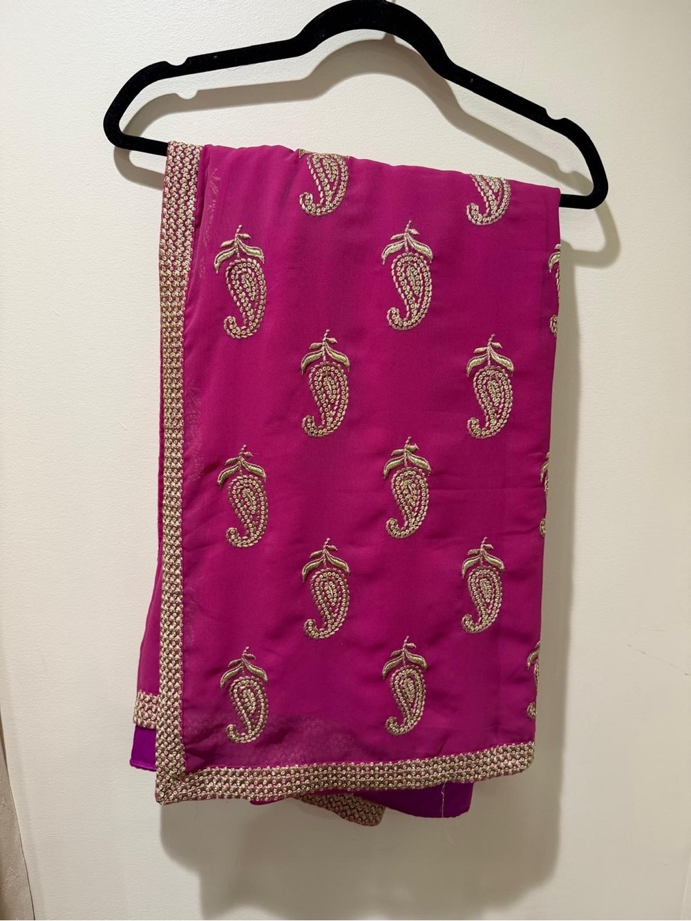 Magenta Pink Indian Saree | Gold Paisley Embellished Sari